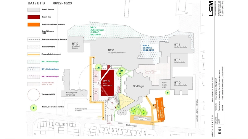 Erweiterung des Georg-Büchner-Gymnasiums, Baustelleneinrichtung 1. Bauabschnitt