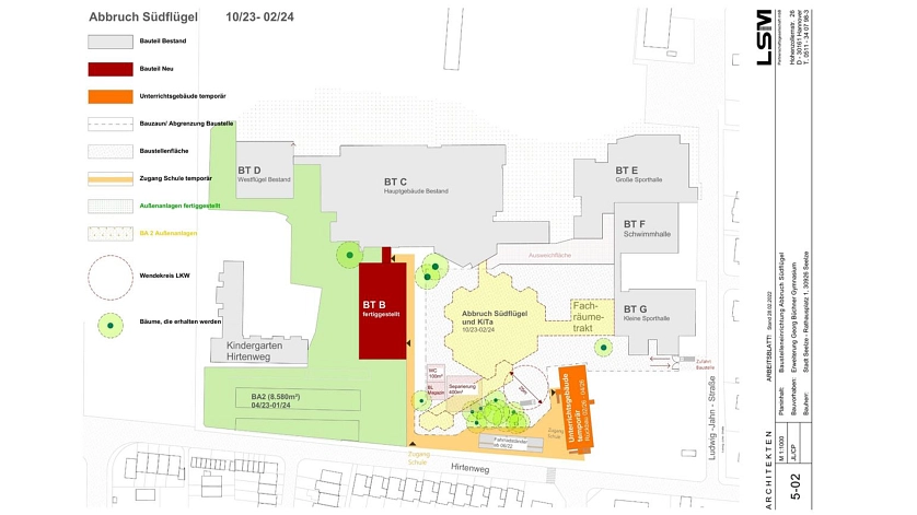 Erweiterung des Georg-Büchner-Gymnasiums, 
Baustelleneinrichtung Abbruch Südflügel