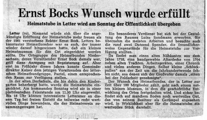 Artikel HAZ vom 27.11.1964 "Ersnst Bocks Wunsch wurde erfüllt - Heimatstube in Letter wird der Öffentlichkeit übergeben"