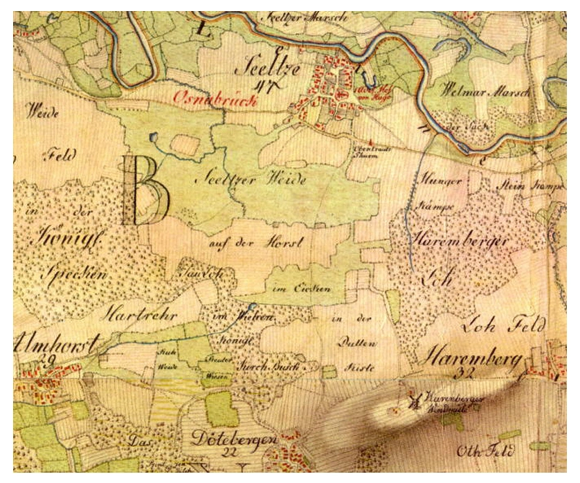 Karte von 1781 von dem Gebiet, in dem General Tilly seinen Angriff auf die Seelzer Stellungen des dänischen Heeres vortrug,