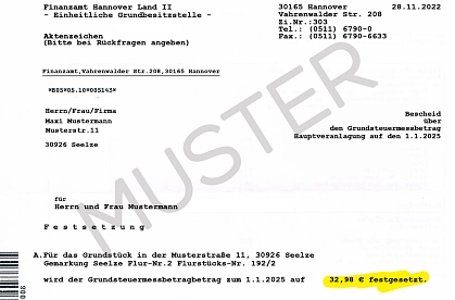 Muster Bescheid Grundstreuermessbetrag Finanzamt&nbsp;&copy;&nbsp;Stadt Seelze